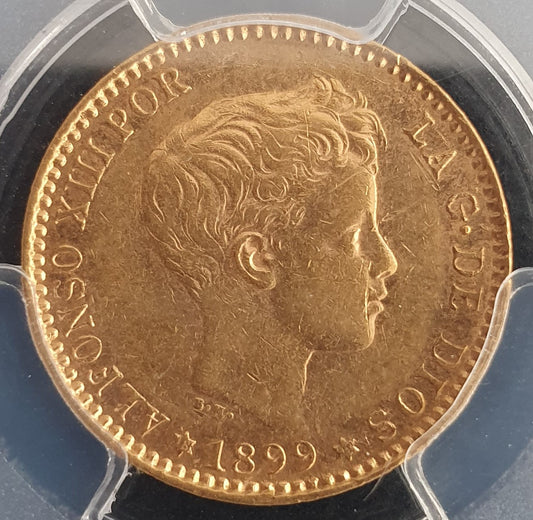 20 Pesetas Spanien 1899 Alfonso XIII PCGS AU 55