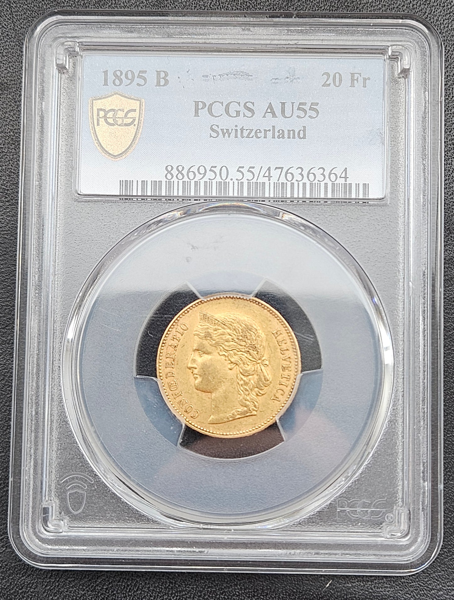 20 Franken Schweiz  Helvetia / Vreneli 1895 B PCGS AU55