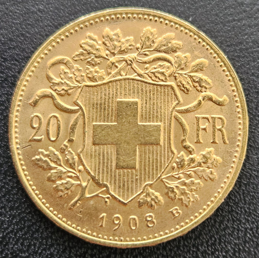 20 Franken Schweiz "Vreneli"  Jahrgang 1908 B